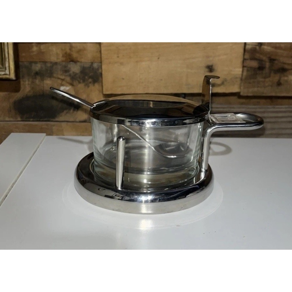 Italian Alessi Stainless Steel Glass Parmesan Cheese Bowl Sugar Spoon Included